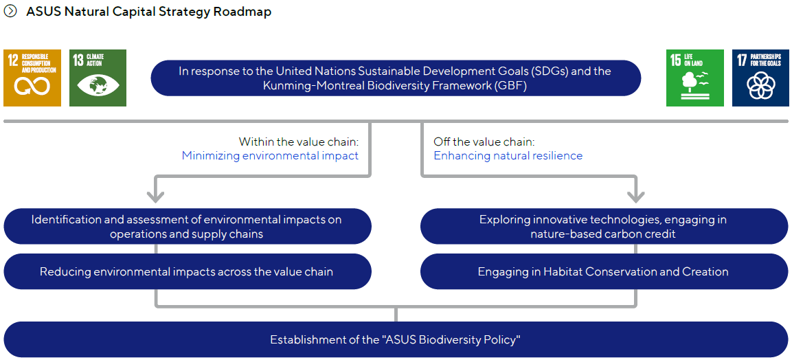 This diagram shows ASUS's strategy within the value chain: reducing environmental impact, and strategy outside the value chain: increasing natural resilience, along with the corresponding actions.